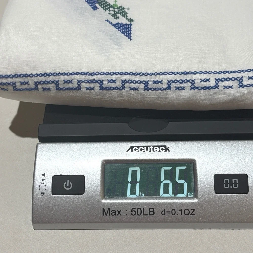 VTG Square Linen Tablecloth 48x48 Cross Stitch Embroidered White Pagoda Asian